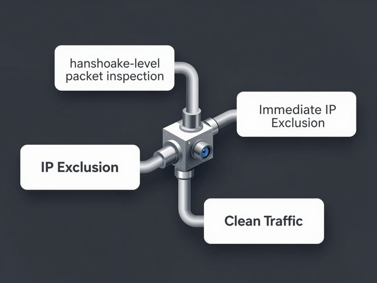 Clean vector diagram of a technical bot-filtering pipeline, illustrating handshake-level packet inspection, immediate IP exclusion, and clean traffic yield routing, sharp geometric design on a deep charcoal background.