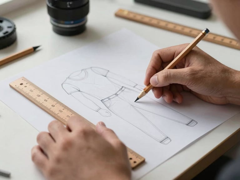 Hands drafting an apparel pattern with pencil and wooden ruler on a clean worktable, soft morning light, focus on the graphite lines.