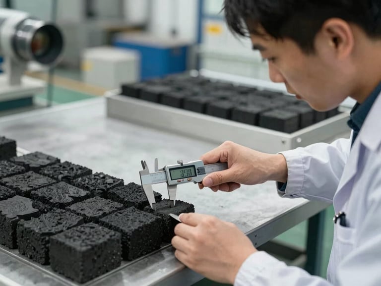 Daylight factory floor shot of a quality control inspector measuring charcoal briquette dimensions with a digital caliper, clean industrial setting.