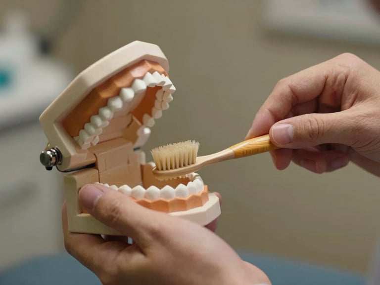Intimate close-up of a dentist's hands gently demonstrating a soft-bristled brush on a wooden model, warm indirect lighting, peaceful atmosphere.