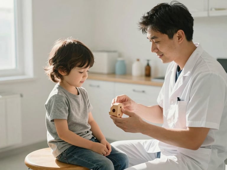Eye-level shot of a pediatric dentist sitting on a low wooden stool, showing a wooden toy to a relaxed child, soft warm daylight, natural expressions, no clinical scrubs.