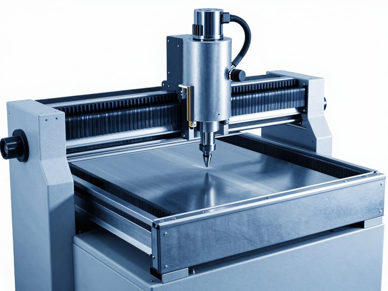 High-contrast technical studio shot of a CNC wire coiling machine in mid-operation, cold steel blue lighting, metallic sheen.