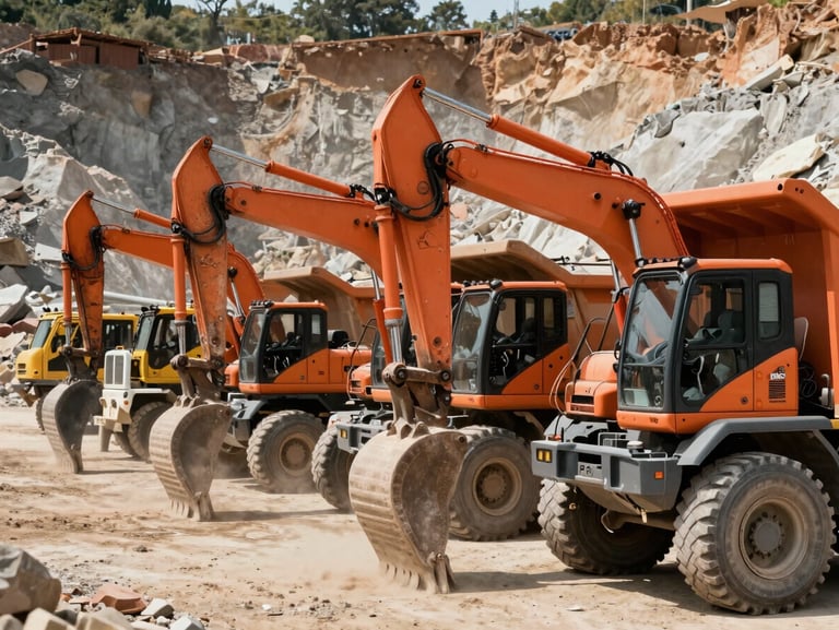 A line of heavy-duty orange excavators and dump trucks parked in a neat row inside a quarry, dusty ground, harsh natural sunlight