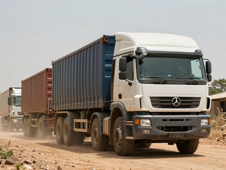 Low-angle heroic shot of a heavy logistics truck fleet lined up in a dusty West African transport corridor, harsh daylight, high contrast.
