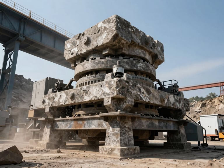 Low angle shot of a massive stone crusher machine operating in a quarry, dust particles in the air, structural steel framing, harsh midday sun.