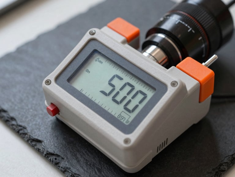 Close-up of technical measuring equipment with digital display showing precise readings, placed on a dark slate surface, sharp side lighting.