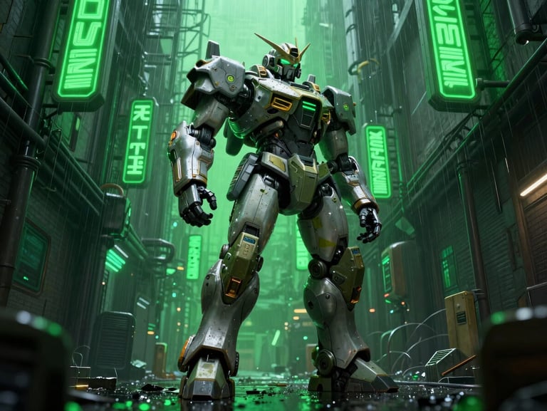 Cinematic 3D render of a heavy armored mech in a rain-slicked cyberpunk alley, toxic green neon signs, low-angle shot, high-contrast