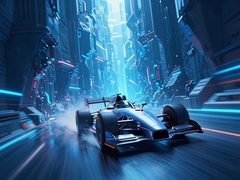 Cinematic 3D render of a futuristic anti-gravity racer speeding through a neon electric blue canyon, motion blur, dramatic perspective