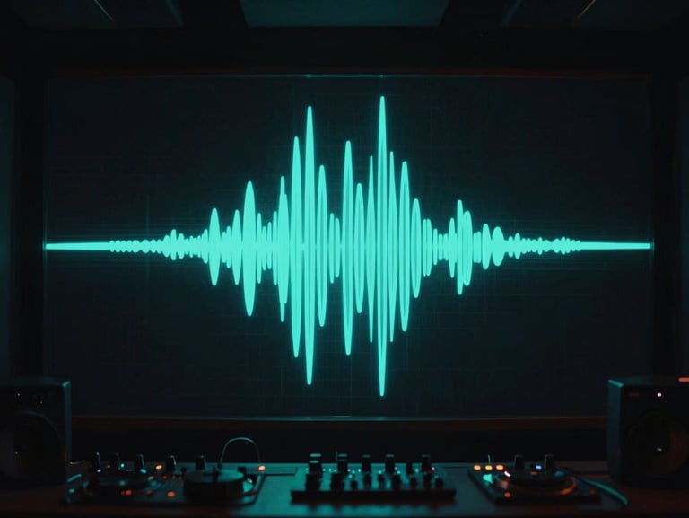 Abstract neon cyan digital audio wave visualizer glowing in a dark music studio room