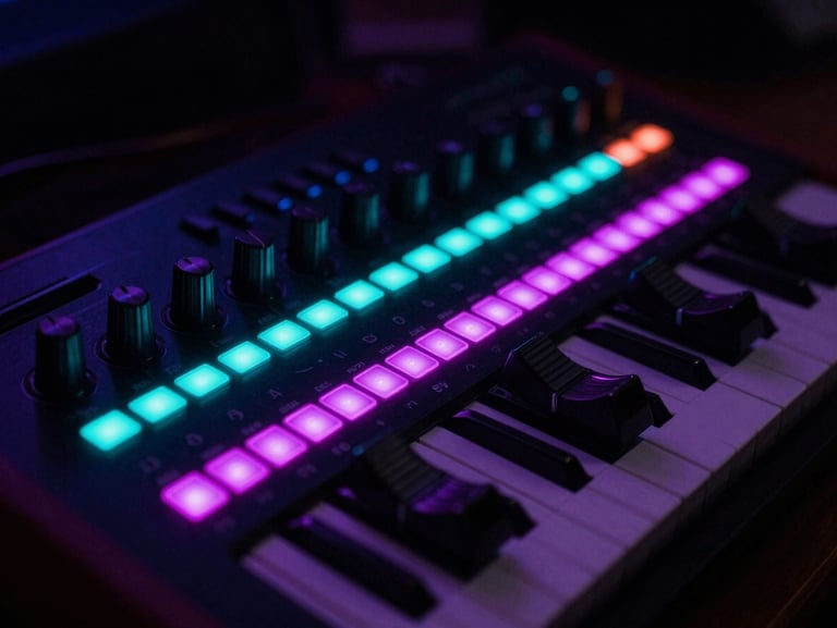 Close-up of a vintage analog synthesizer with glowing cyan and magenta LED indicators in a dark music studio, 35mm lens