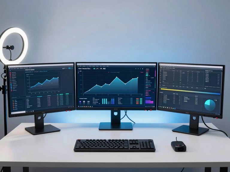 Wide shot of a content creator's streaming setup — three monitors, ring light off to one side, keyboard and capture card visible, analytics overlay on the center screen showing rising follower count, cool blue-white studio lighting, no person in frame