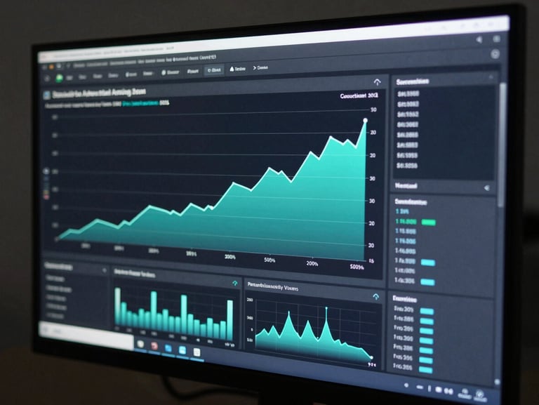 Close-up of a monitor displaying a live stream analytics dashboard — teal graphs showing subscriber growth over 90 days, peak concurrent viewers highlighted, dark UI on screen, cool studio lighting, no faces visible