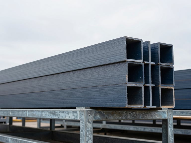 Heavy structural Laminated Veneer Lumber LVL beams stacked on steel racks, thick engineered wood layers, cool overcast daylight