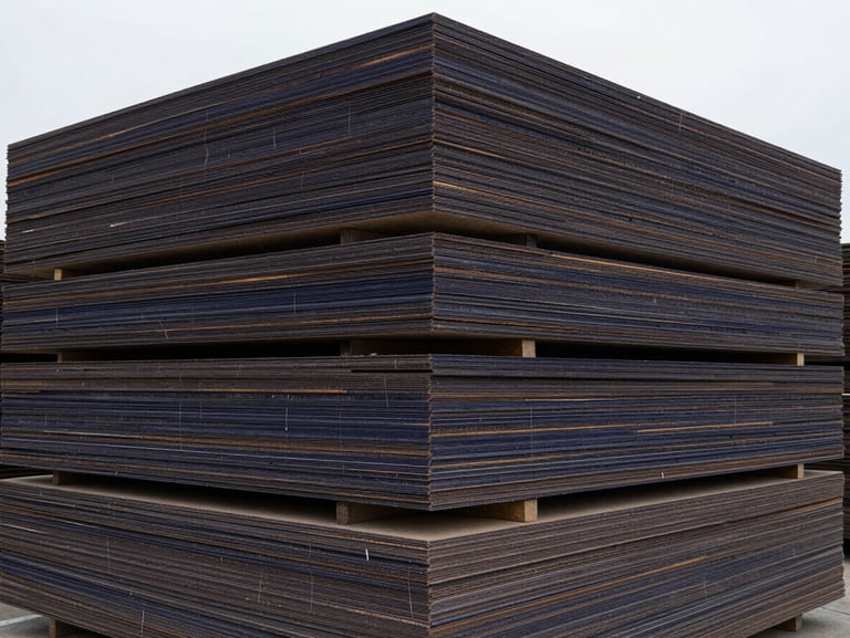 Stack of dark brown film faced plywood sheets in an industrial warehouse, clean edges visible, high-key technical lighting
