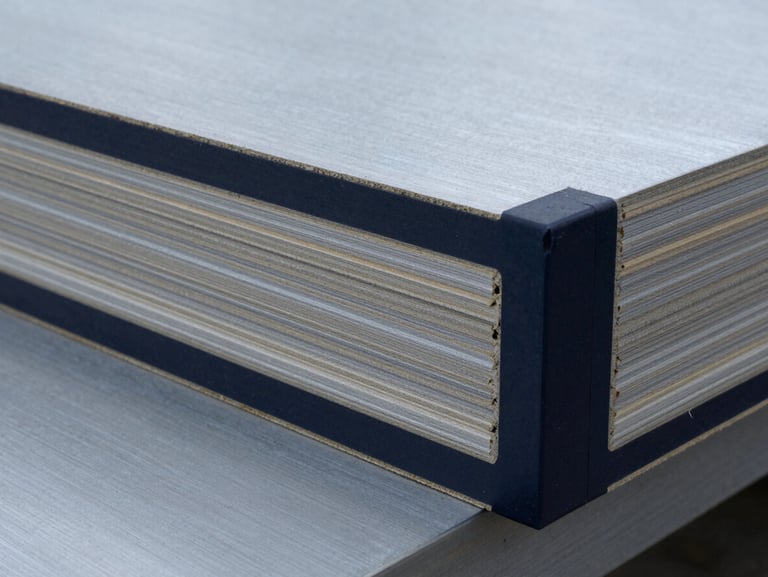 Macro cross-section of F17 formwork plywood showing multiple veneer layers and a thick dark phenolic edge-seal, cool technical lighting
