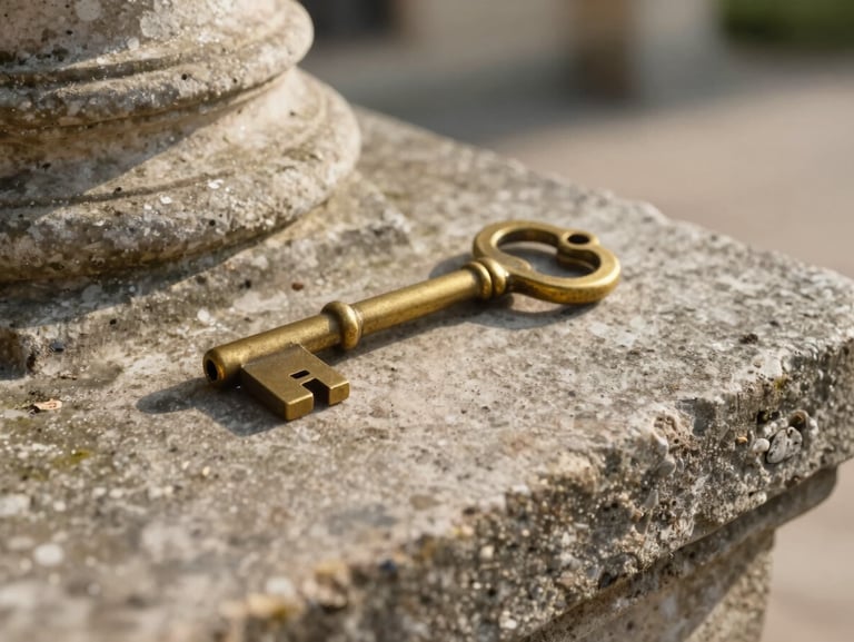 A close-up of a heavy brass key resting on a weathered stone ledge of a French château, soft morning light casting long shadows.