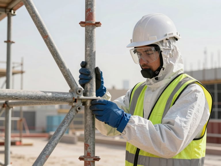 An engineer in full safety PPE inspecting a scaffolding connection joint on an active Abu Dhabi construction site, morning light, high-visibility details.