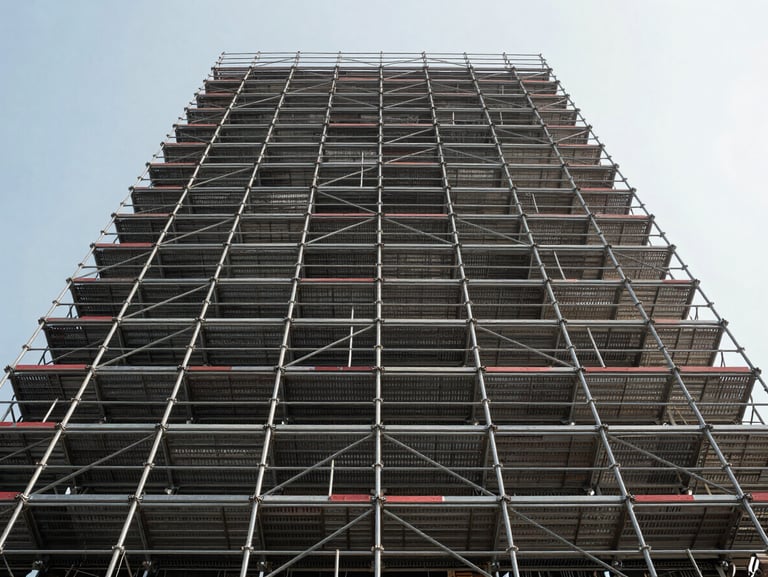 Symmetrical low-angle shot looking up at a massive, engineered steel scaffolding structure against a clear sky, highlighting precise load-bearing joints and safety boards.