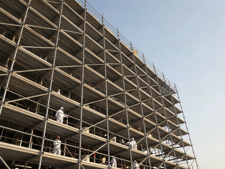 Low-angle architectural shot of a massive certified steel scaffolding structure under the bright morning sun of Abu Dhabi, showcasing clean metallic joints, heavy-duty industrial framing, and workers in pristine PPE.