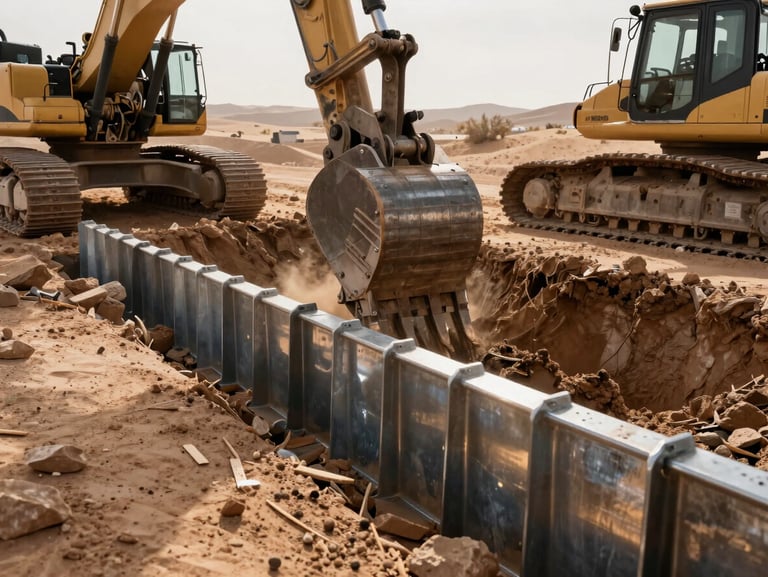 Detailed shot of heavy machinery executing deep excavation and trench shoring with steel sheet piles, crisp morning desert light, metal surfaces reflecting sun.