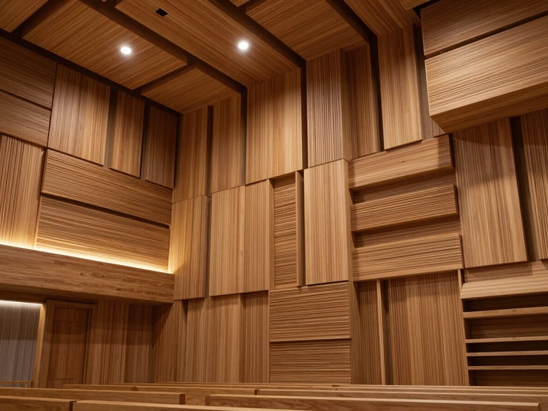 Modern church interior showing elegant wooden acoustic panels seamlessly integrated into the sanctuary walls, warm lighting, high-end design
