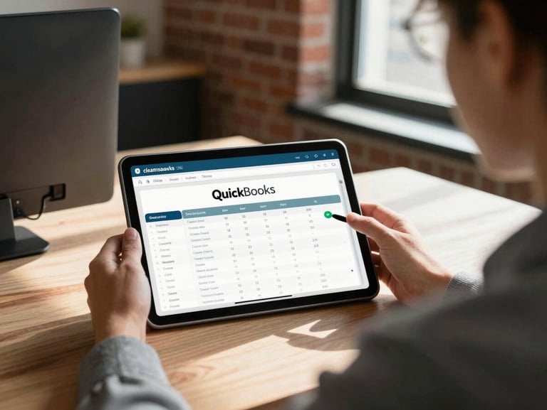 Over-the-shoulder view of a business owner analyzing a clean QuickBooks dashboard on a tablet in a sunlit Thomasville brick office, natural daylight