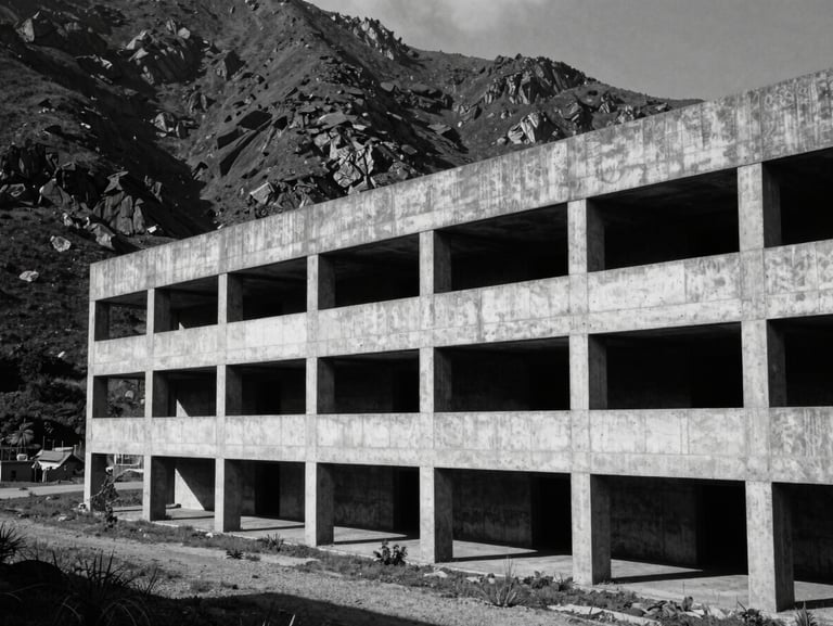 Wide establishing shot of a brutalist concrete structure cutting through a rugged mountain landscape, deep shadows, pure black and white, sharp geometric lines.