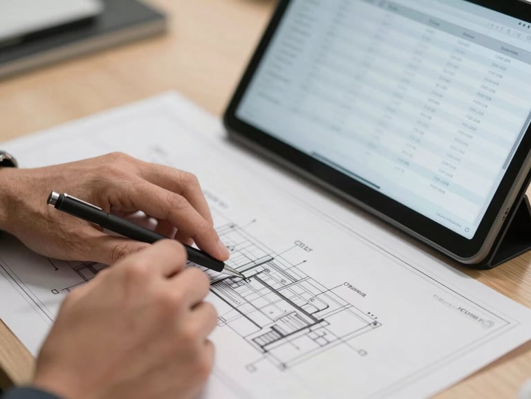 Tight macro-focused shot of hands reviewing physical engineering blueprints alongside a digital tablet displaying a clean data table under neutral office lighting.