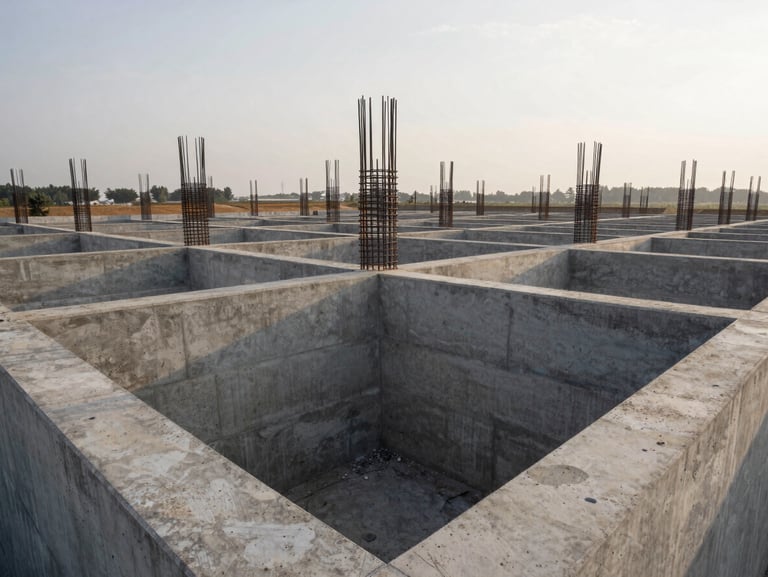 Wide-angle architectural view of a massive concrete foundation under overcast morning light, structural steel rebar grid stretching into the background, no people, geometric precision.