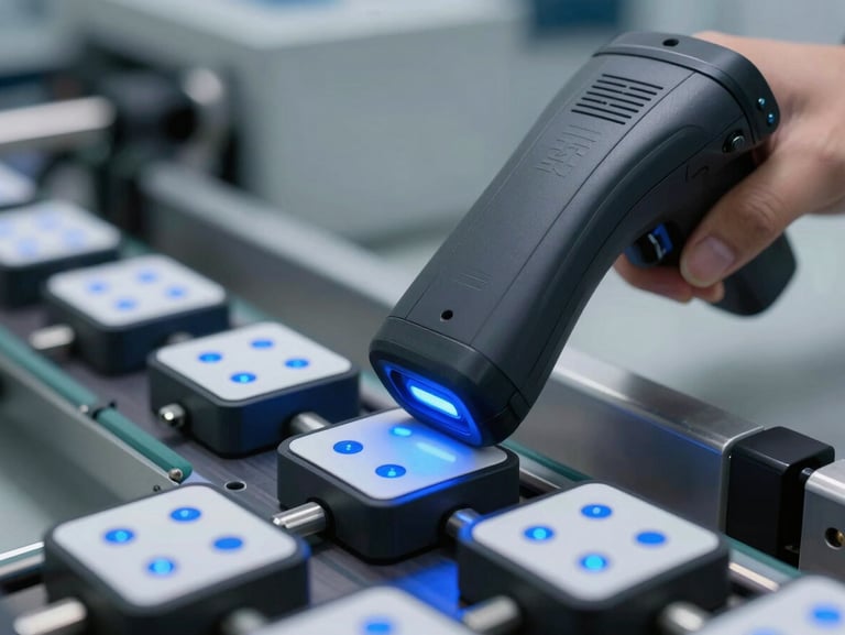 Macro close-up of a high-speed industrial RFID scanner reading tags on automated conveyor belts, cool-toned blue LED indicators, sharp details.