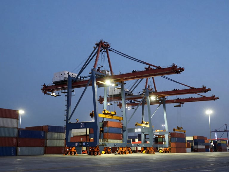 Ultra-wide environmental shot of a container terminal at dusk, automated cranes moving cargo under cool white floodlights, high contrast.