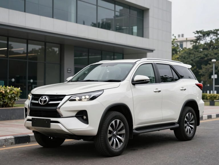 A spotless white Toyota Fortuner parked outside a premium tech park in Indiranagar, clean overcast daylight.