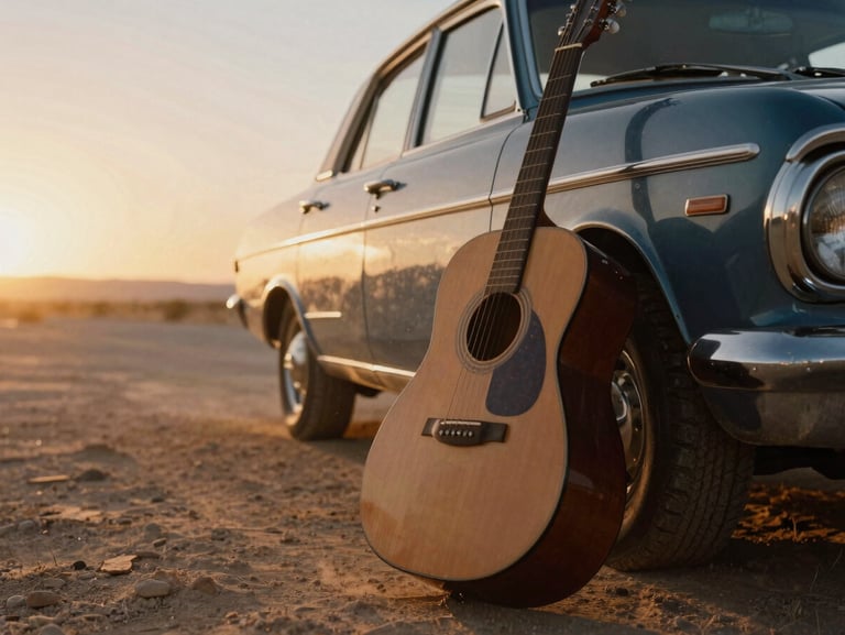 An old acoustic guitar resting against a vintage car on a dusty desert road, golden hour sunset backlighting.