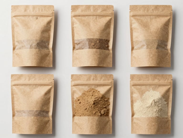 Overhead flat-lay of food additive powder samples in labelled kraft paper packets arranged on a cool off-white surface, neutral daylight, clean industrial styling