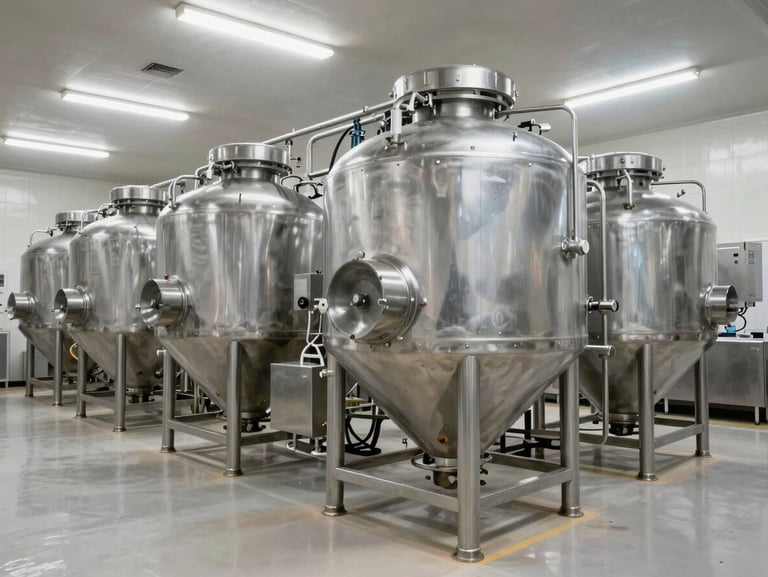 Wide environmental shot of a food processing facility interior, stainless steel mixing equipment under neutral fluorescent light, clean industrial floor visible, no staff present