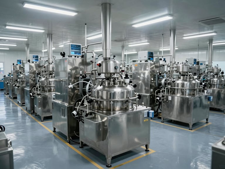 Wide environmental shot of a modern food additive processing facility in Xiamen, stainless equipment in rows under cool fluorescent light, clean aisles, overhead angle, no workers