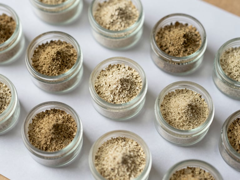 Close-up overhead flat-lay of enzyme powder samples in small glass containers arranged on a white specification sheet, neutral daylight, precise technical framing, no labels visible
