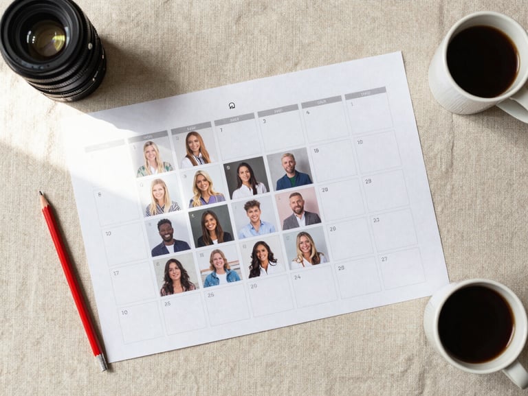 Overhead flat-lay of a content planning session: a large paper calendar, printed Instagram grid mockups, a red pencil, and a coffee cup on a beige linen surface, soft natural daylight from the left