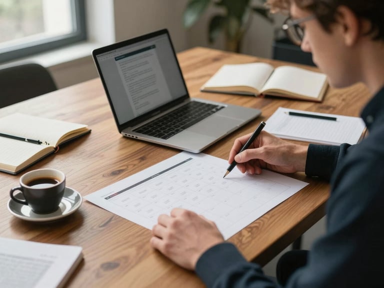 Agency team member reviewing printed content calendar spread on a wide wooden table, laptop open beside it, natural window light from the left, notebooks and a small espresso cup in frame, candid working moment