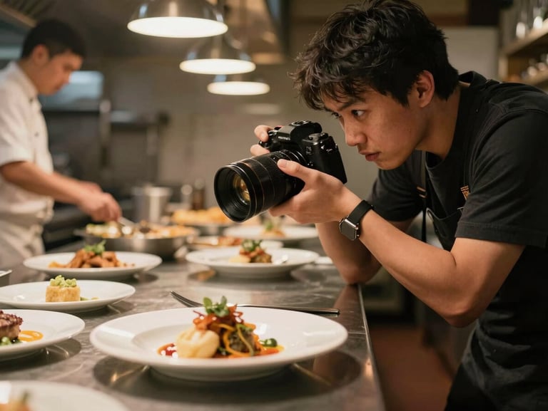 Agency photographer crouching beside a restaurant pass, camera raised toward a plated dish in motion, warm tungsten kitchen light, blurred chef hands in background, documentary framing