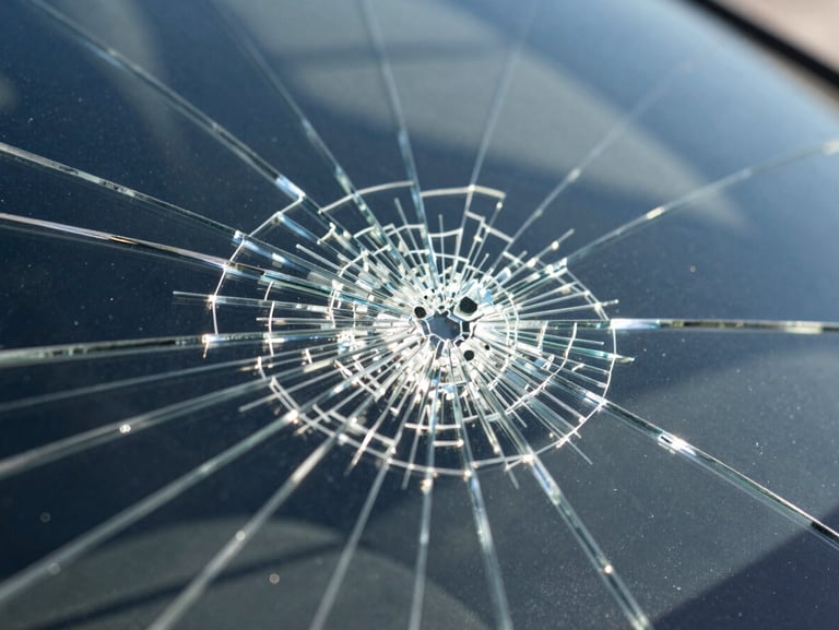 Macro close-up of a deep starburst windshield chip with radiating cracks, sharp glass texture, high-contrast California daylight reflections