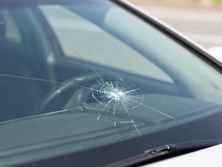 Macro close-up of a circular bullseye windshield crack on a luxury sedan, bright crisp daylight, shallow depth of field