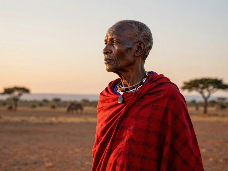 Candid portrait of an elder Maasai guide in traditional red shúkà, looking thoughtfully toward the horizon, sunset light