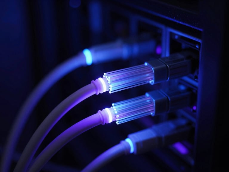 Macro shot of glowing fiber optic cables in a dark server room, deep blue and violet ambient lighting, shallow depth of field, sharp focus, cinematic technology photography