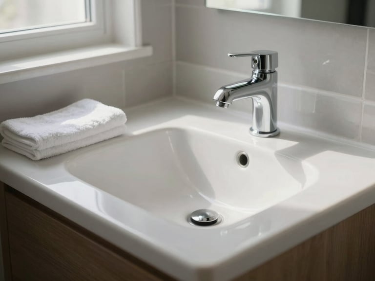 Close-up of a freshly scrubbed residential bathroom, gleaming white sink and chrome faucet catching natural window light, clean towel folded neatly on the counter, no people