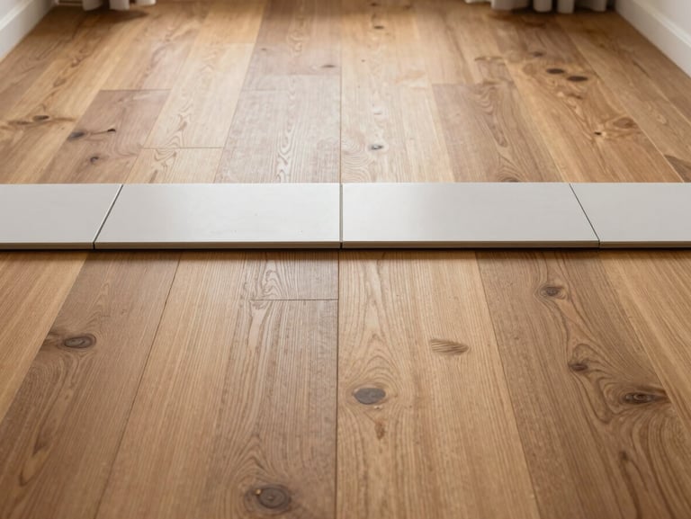Straight-on architectural elevation of a completed oak hardwood floor transition meeting a clean slate tile threshold with millimeter-precision alignment.