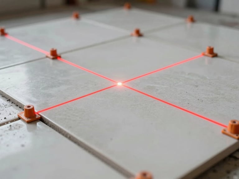 Close-up of large-format porcelain tiles being laid with orange leveling clips in place, a red laser level line projecting across the grid.