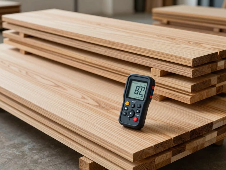 Neat stacks of premium oak hardwood planks acclimating inside a modern room, a digital moisture meter displaying precise readings in the foreground.