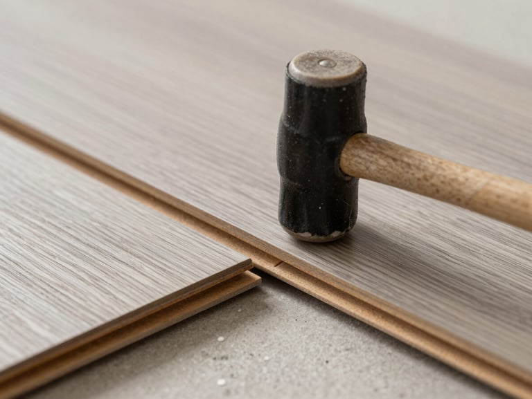 Macro shot of interlocking luxury vinyl planks being tapped into place with a rubber mallet, showing seamless, zero-gap joints.