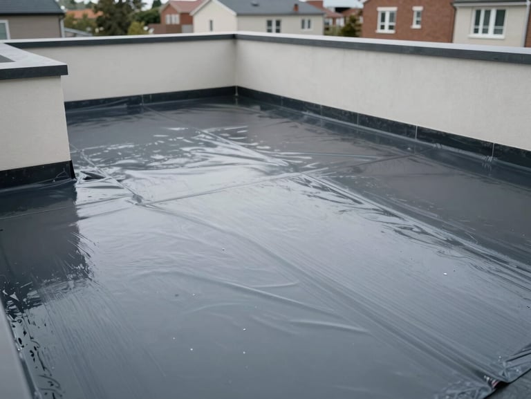 The same residential terrace after complete waterproofing rehabilitation — clean, smooth new membrane surface with correct drainage slope, dry parapet walls, photographed in natural overcast daylight at eye level across the terrace surface, no people, no furniture